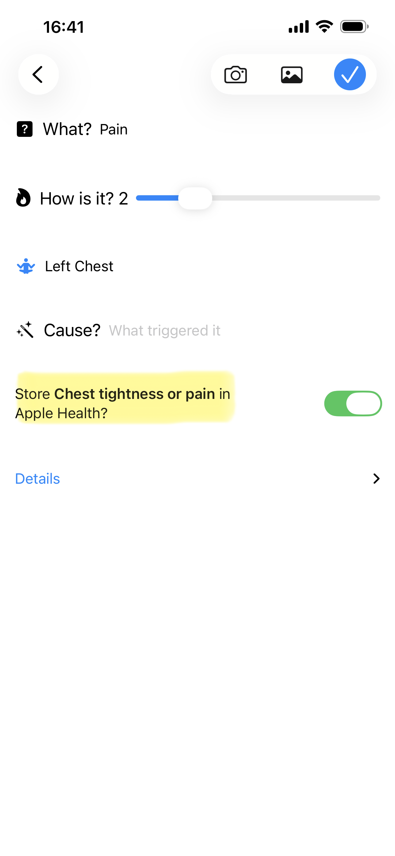 Logging chest pain to Apple Health